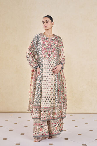 Demoiselle Printed Sequin Silk Suit Set - Cream, Cream, image 1